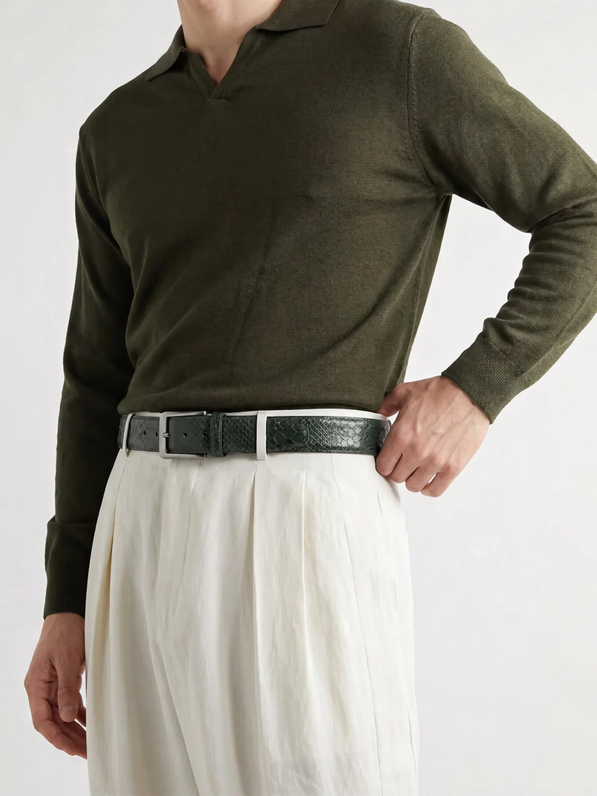 Forest Green Python-Embossed Leather Belt 2 Forest Green Python-Embossed Leather Belt